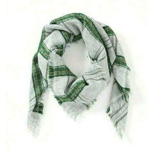 J Jill Square Scarf Green Gray Off White Plaid Stripe Pattern NEW Fringe 40x40